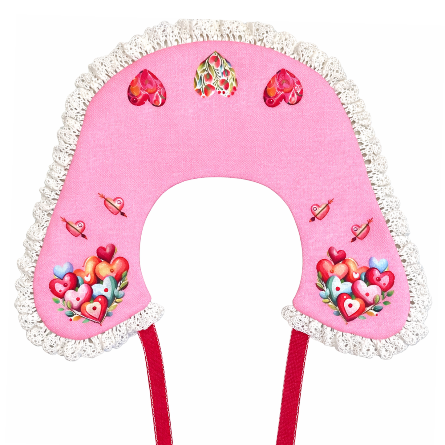 Colletto decorativo in lino per bambina con pizzo e stampa cuori