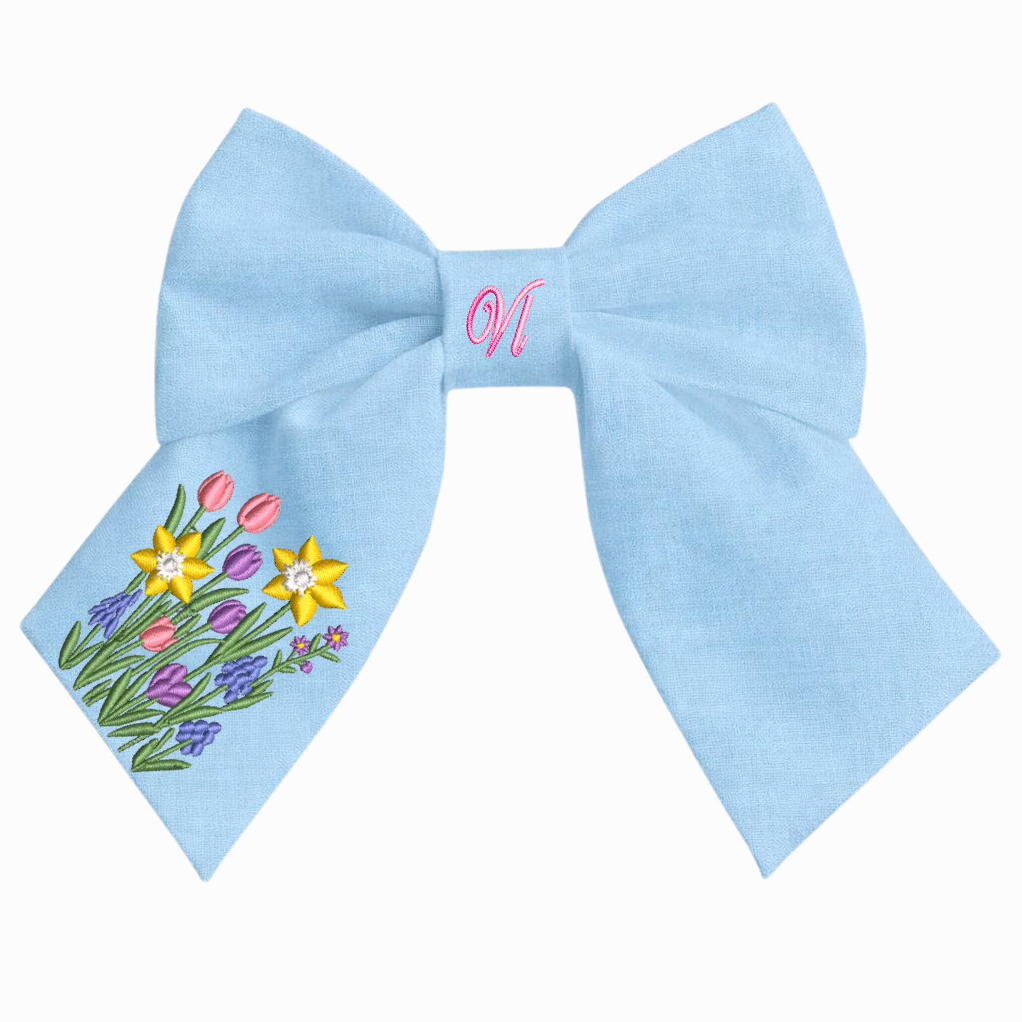 Linen hair bow with floral embroidery – Handmade bow for girl