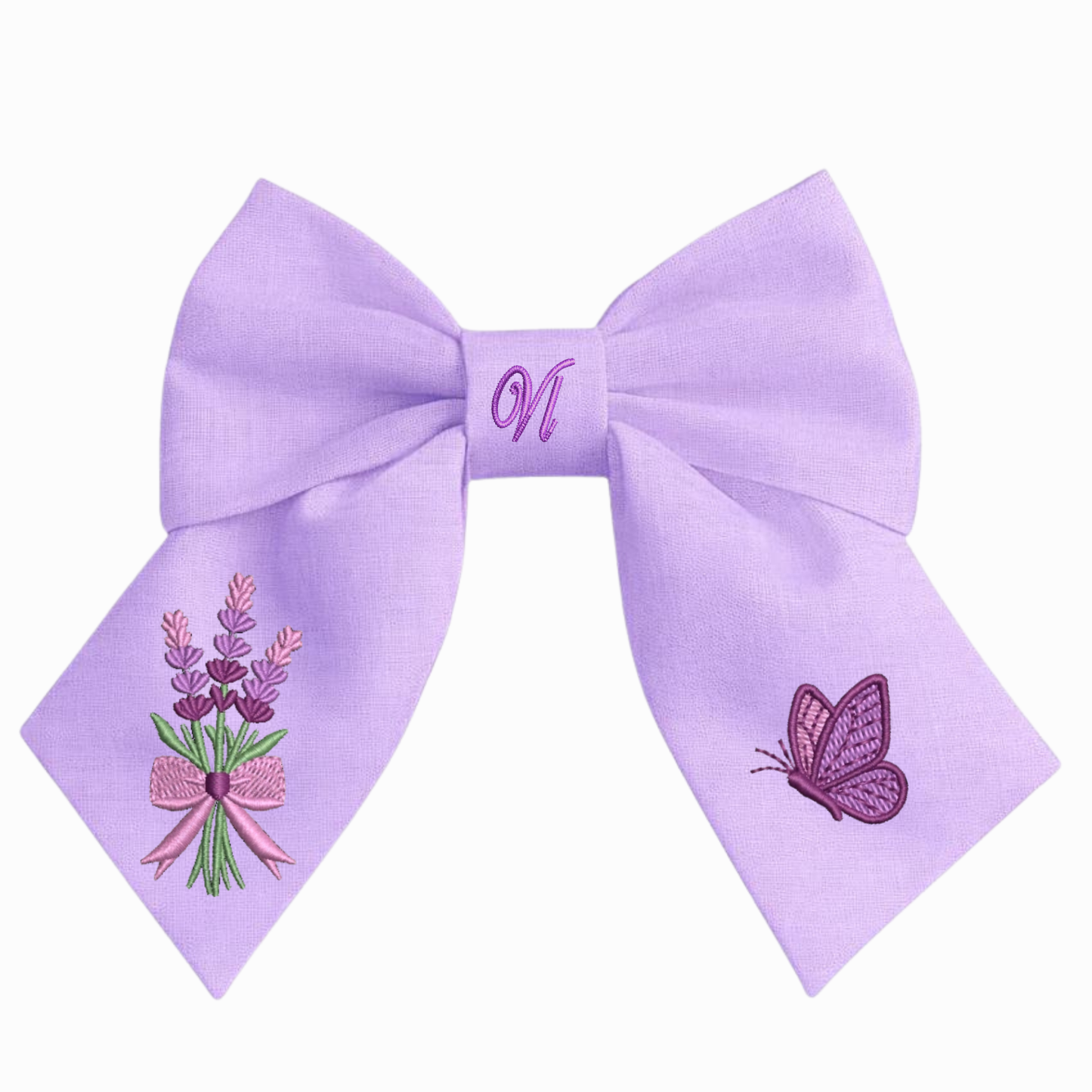 Leinen-Haarschleife mit Lavendelstickerei – Handgemachte, elegante Haarschleife für Mädchen