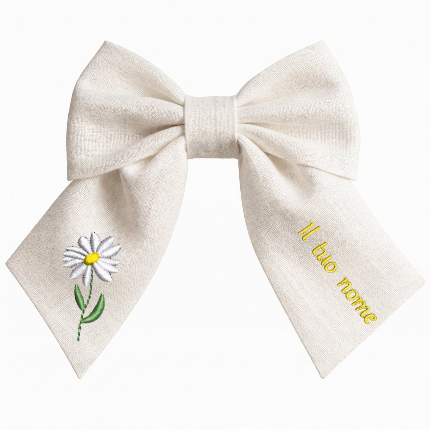 Personalised linen bow with embroidered customer name