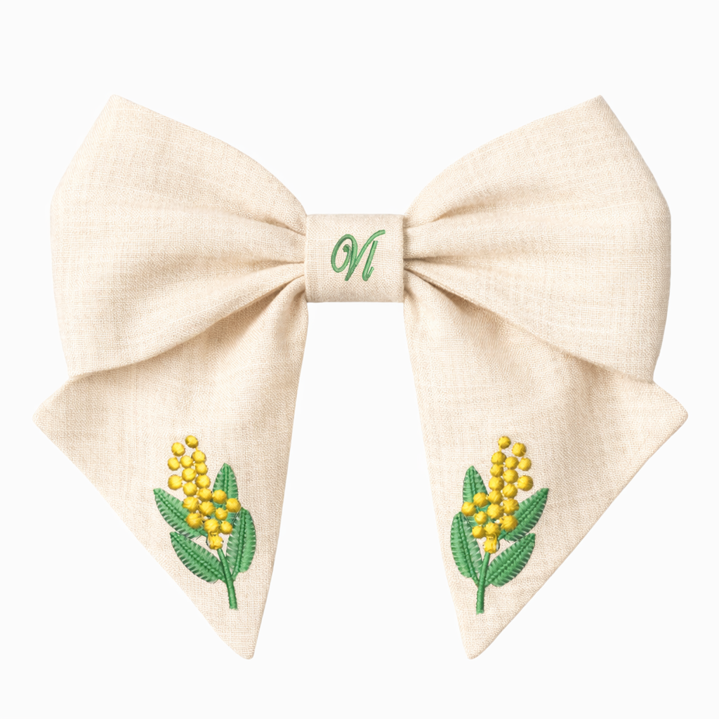 Linen hair bow with mimosa embroidery