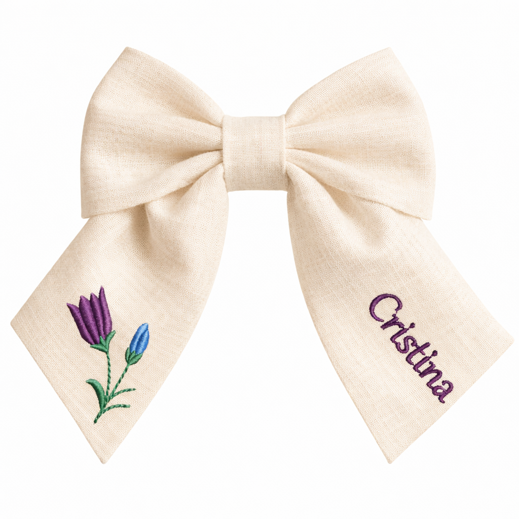 Personalised linen bow with embroidered customer name