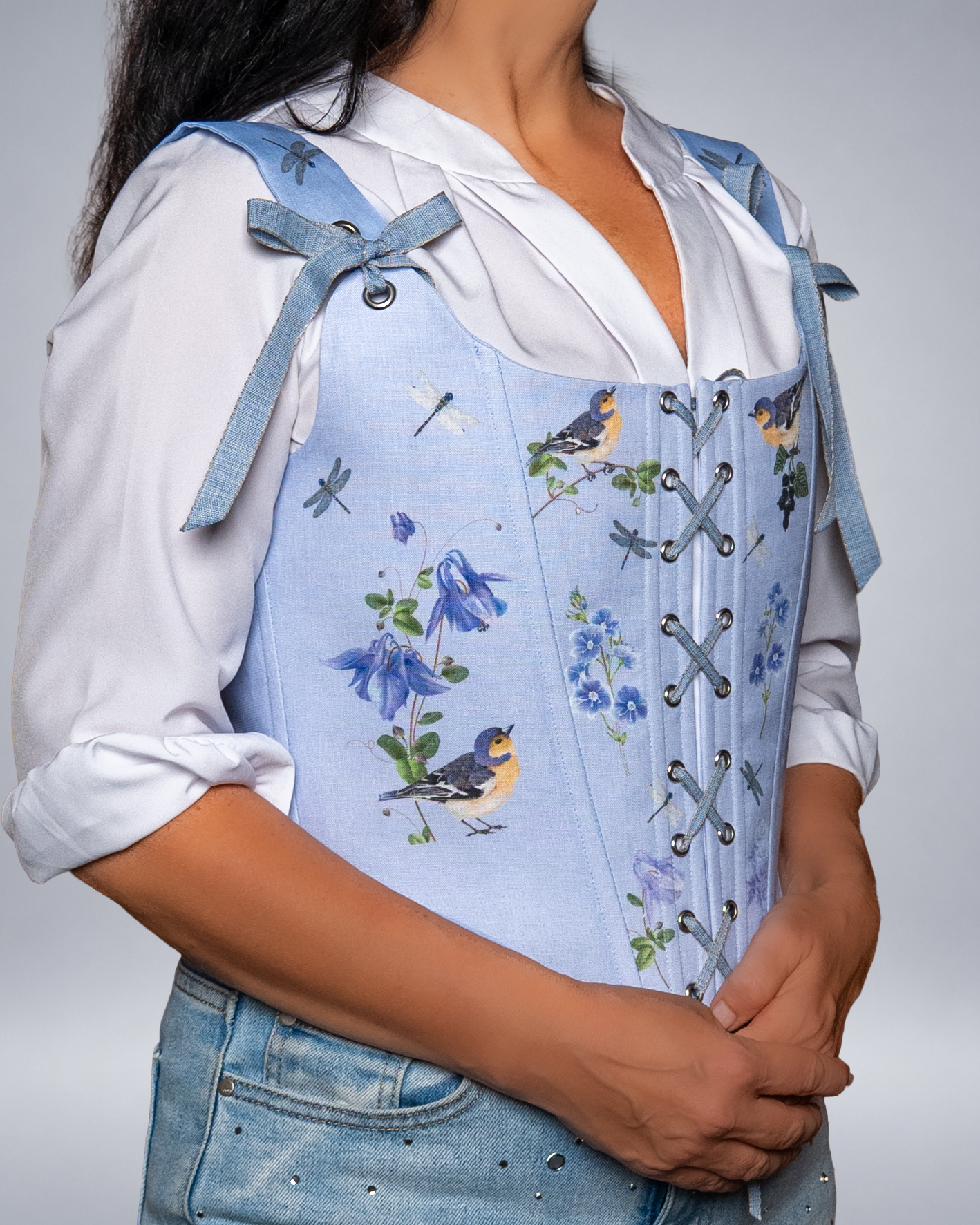 Light Blue Linen Bird Corset with Floral Print Fairycore Bodice Italian Atelier Made