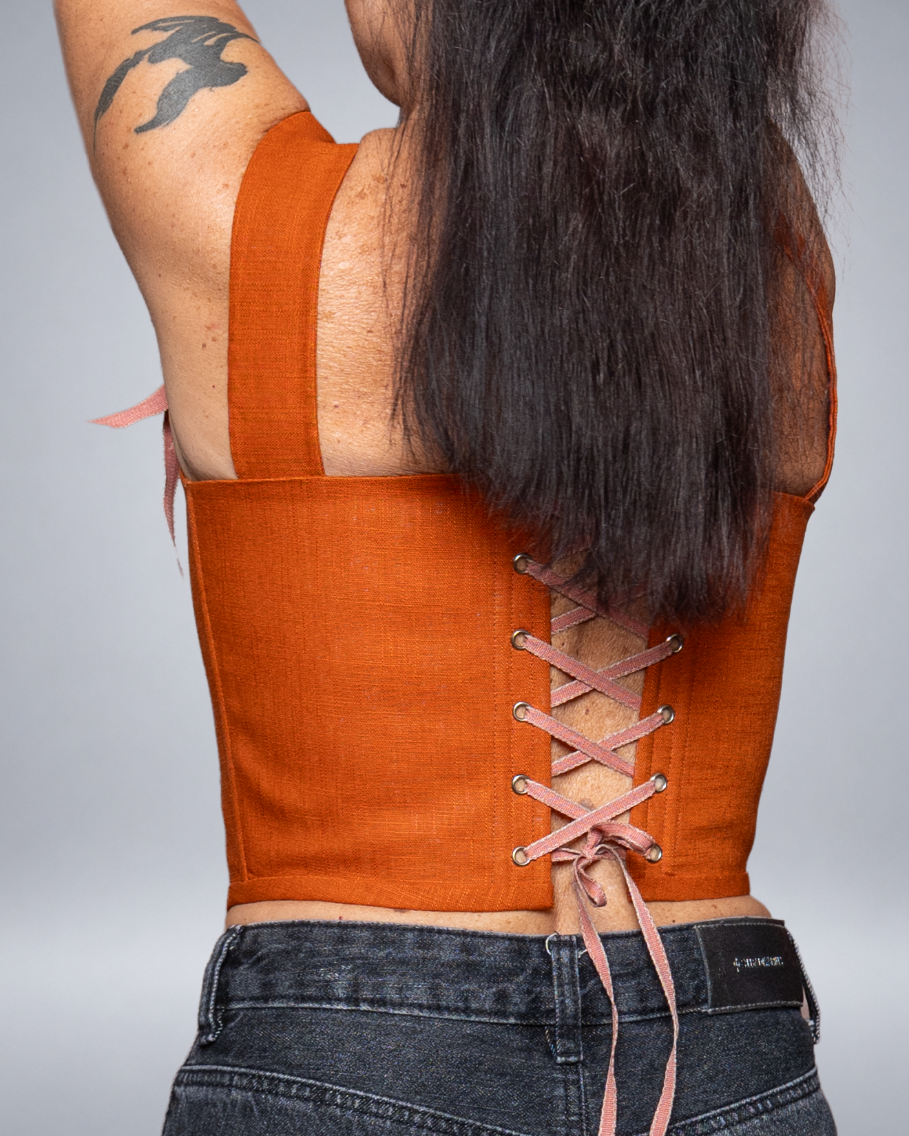 Orange Linen Corset with Front Lace-Up