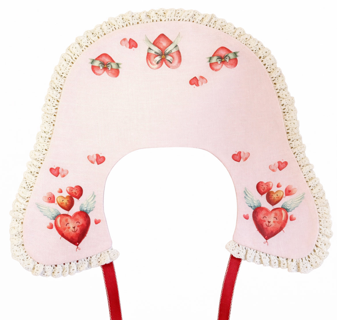 Colletto decorativo in lino beige con pizzo e cuori romantici