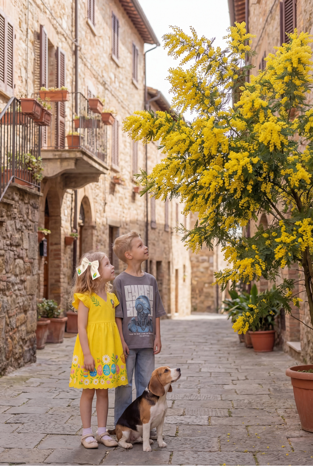 Fiocco per capelli in lino con ricamo mimosa