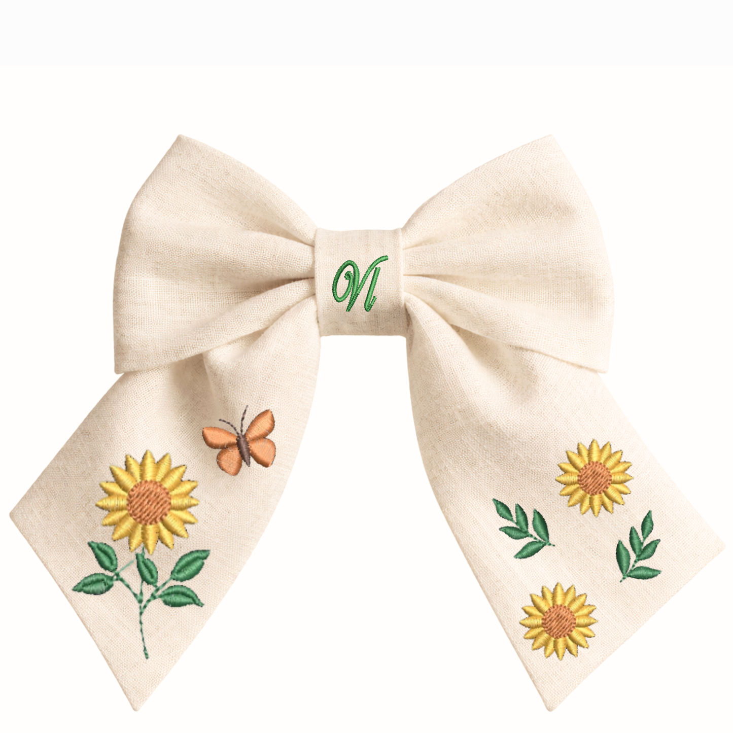 Haarschleife aus Leinen mit Sonnenblumenstickerei – Handgemachte Schleife für Mädchen