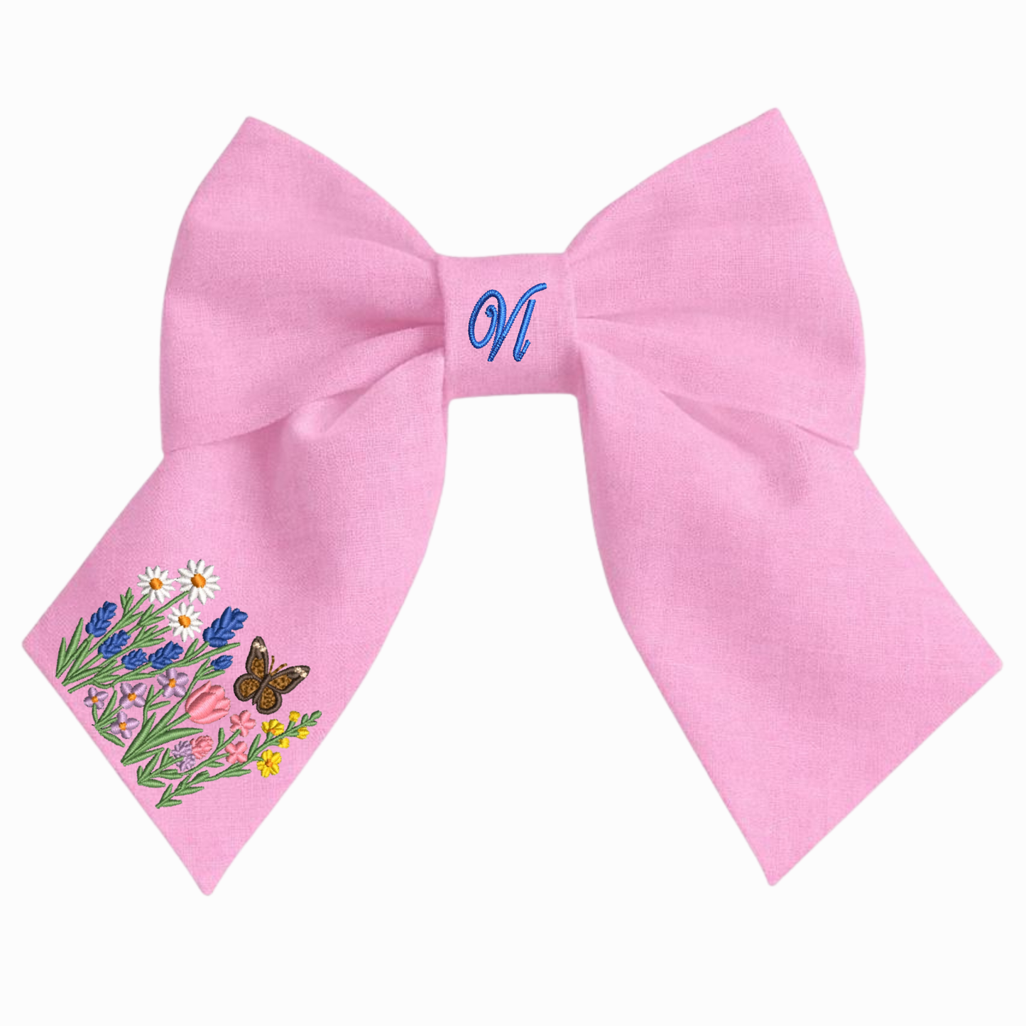 Linen hair bow with floral embroidery – Handmade girl's bow