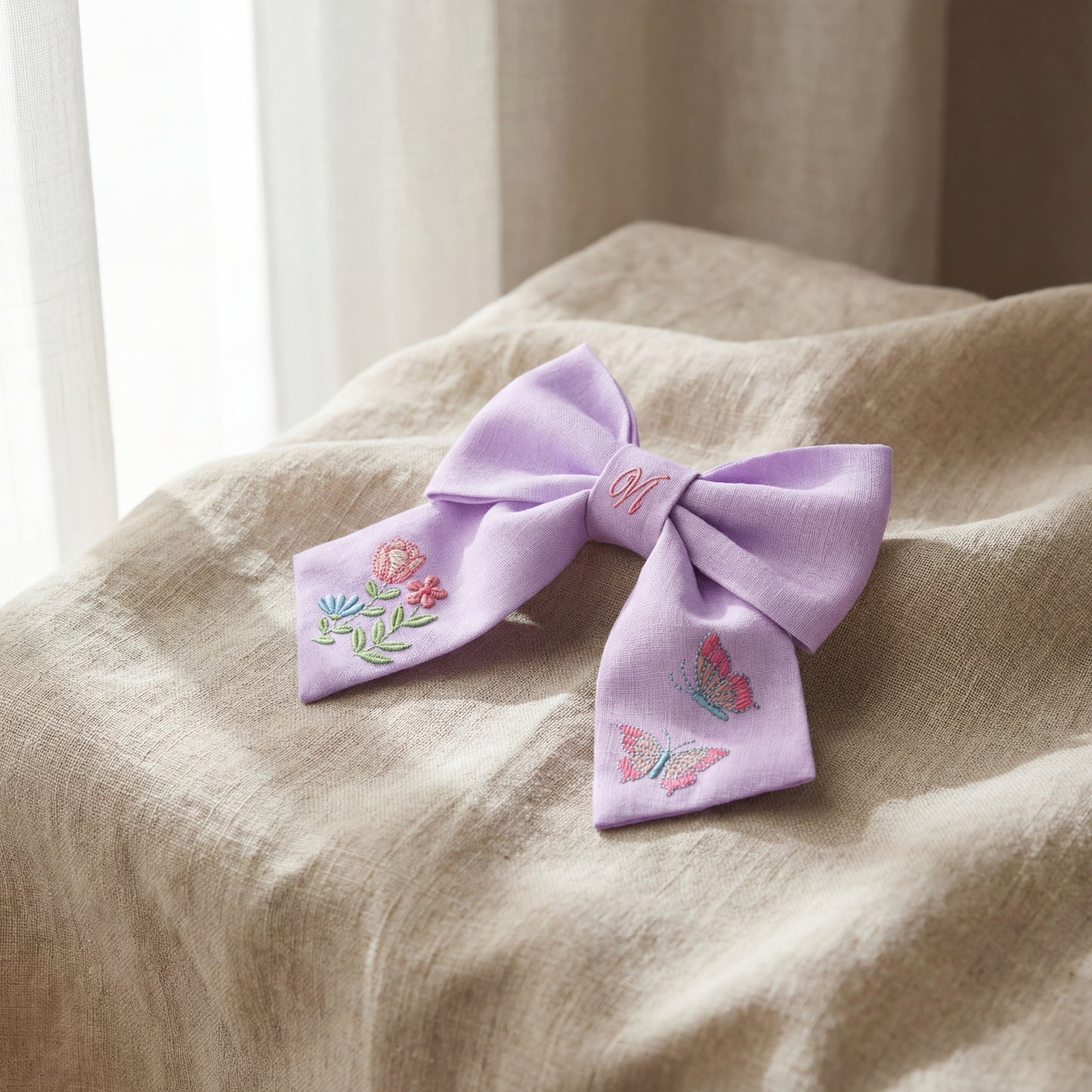Fiocco per capelli in lino con ricamo – Fiocco fatto a mano per bambine, design floreale e farfalle