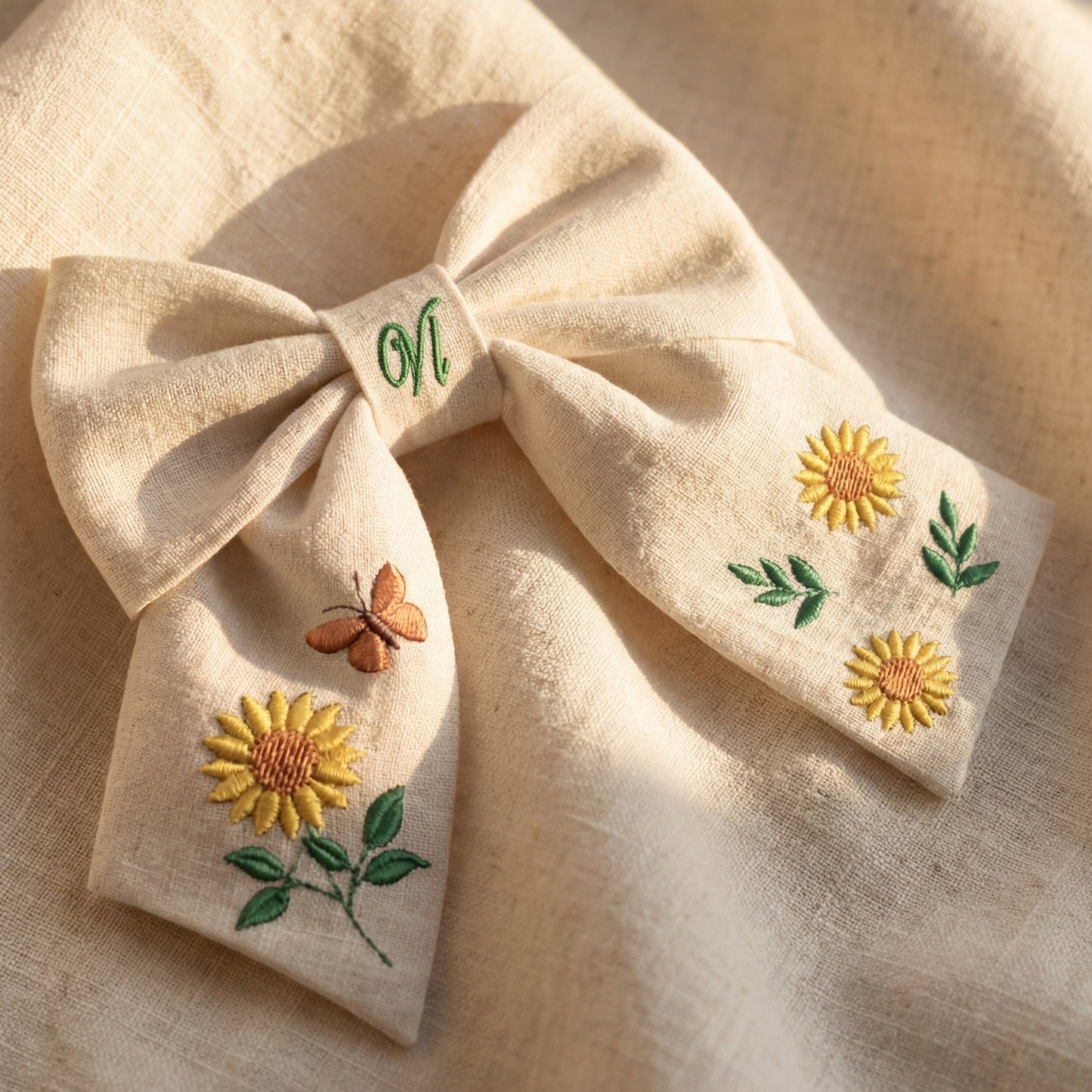 Linen hair bow with sunflower embroidery - Handmade bow for girl