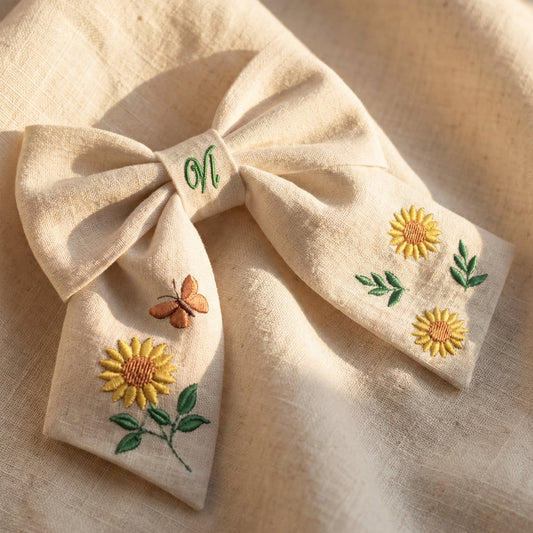 Fiocco per capelli in lino con ricamo girasoli – Fiocco fatto a mano per bambina