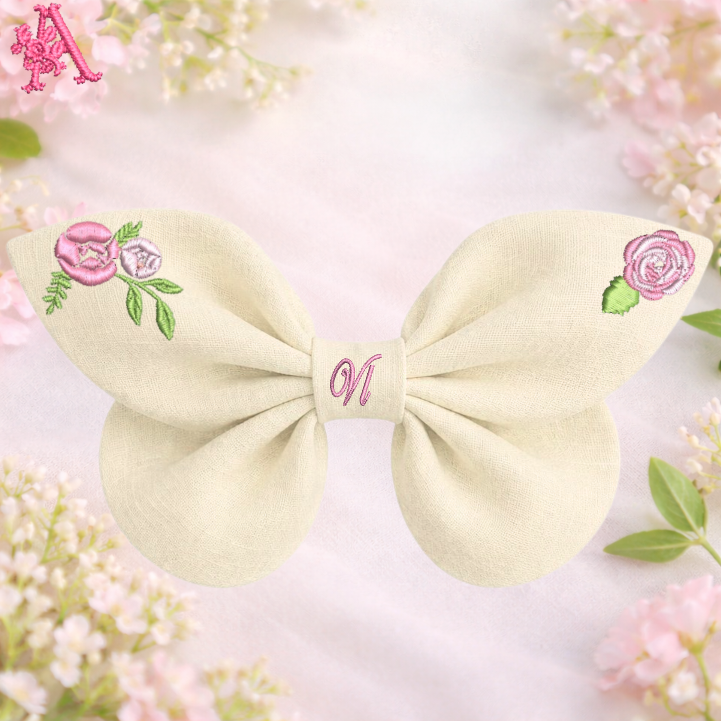 Beige linen hair bow with rose embroidery and delicate botanical flowers Enchanted Flowers