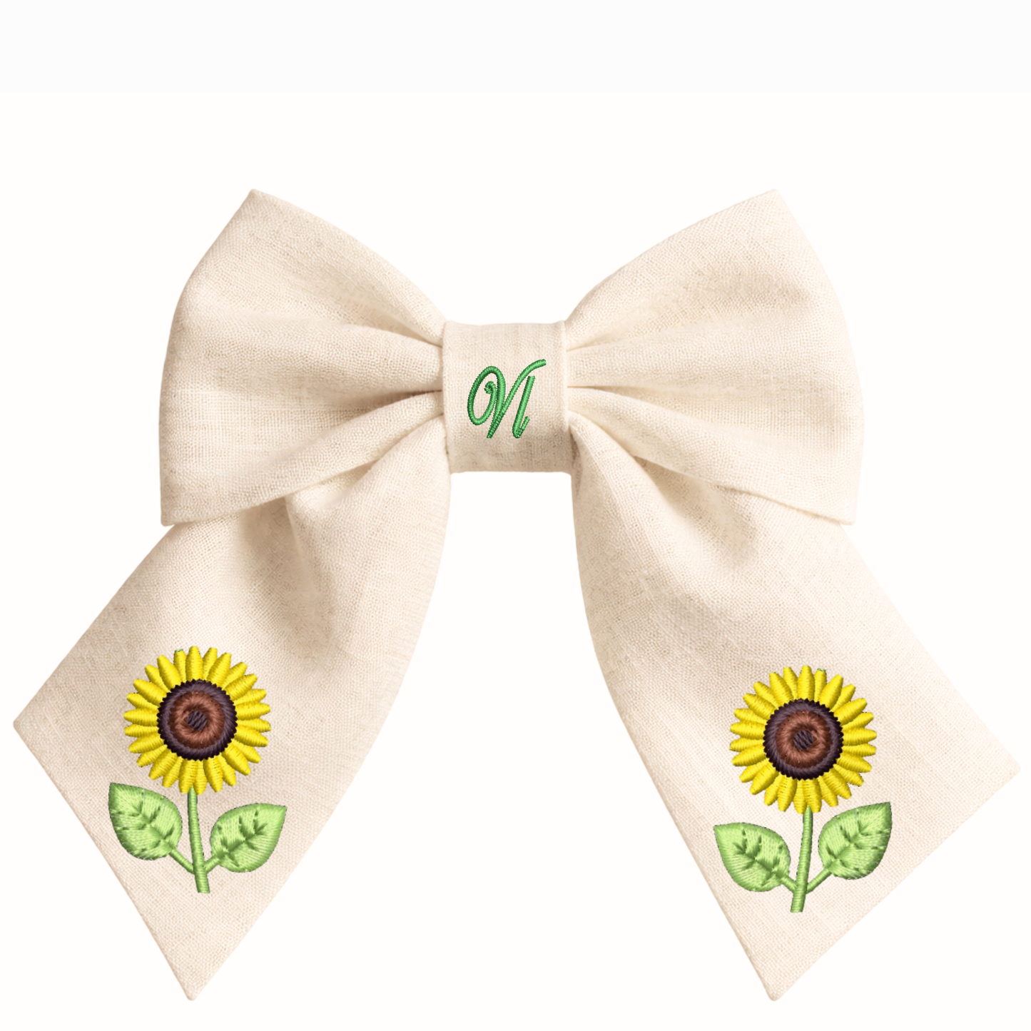 Haarschleife aus Leinen mit Sonnenblumenstickerei