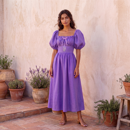 Violettes Leinenkleid mit Blumenstickerei. Eleganter Cottagecore-Stil