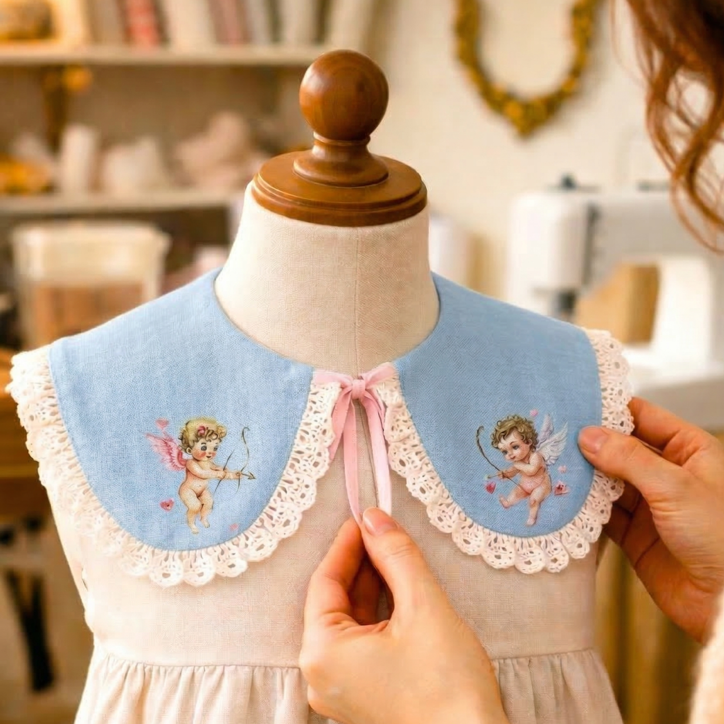 Dekorativer Leinenkragen für Mädchen mit Spitze und Amor
