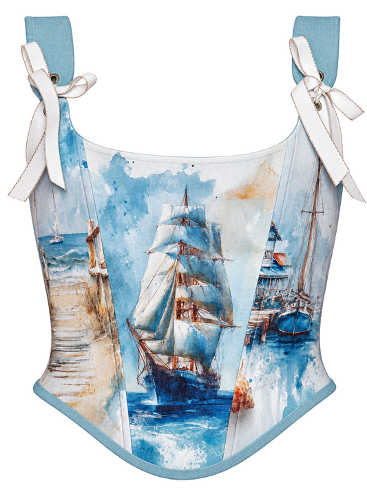 Nautical Sailing Ship Cotton Corset Top Coastal Blue Corset with Ribbon Ties