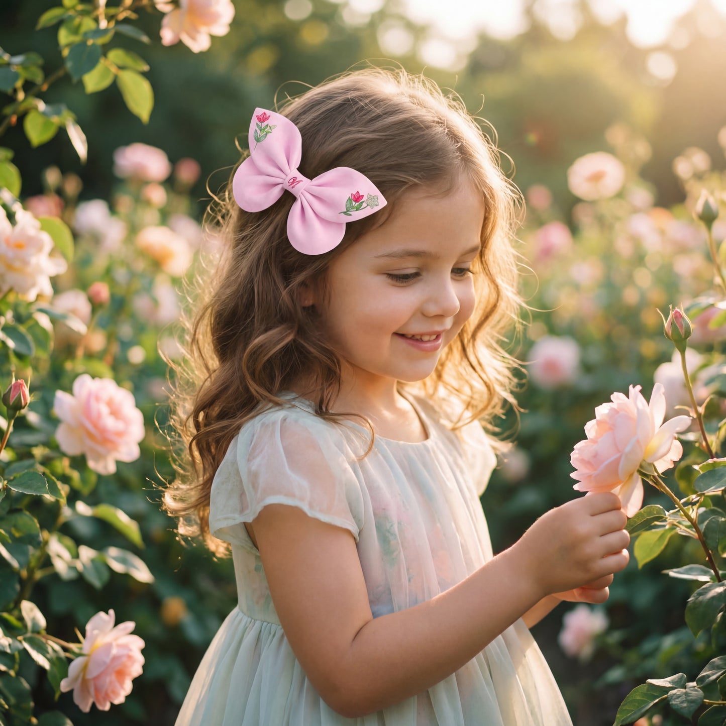 Fiocco capelli bambina in lino rosa con ricamo floreale Fiori primavera