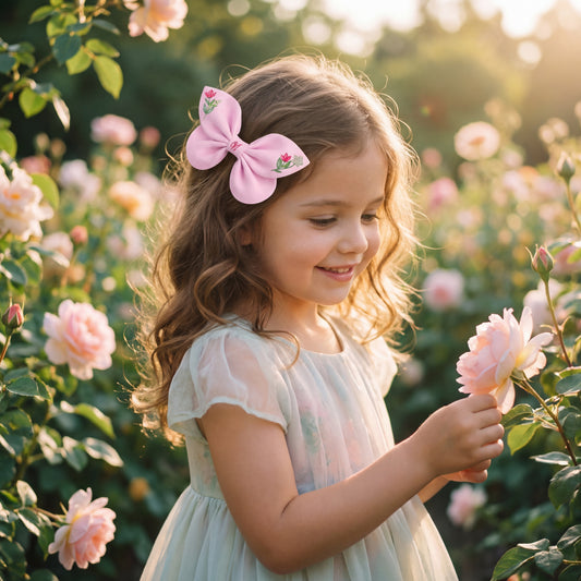 Girl's pink linen hair bow with floral embroidery Spring flowers