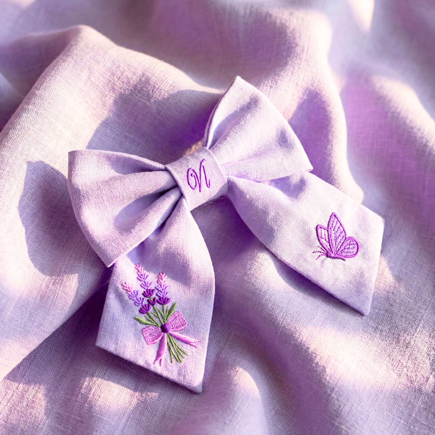 Leinen-Haarschleife mit Lavendelstickerei – Handgemachte, elegante Haarschleife für Mädchen