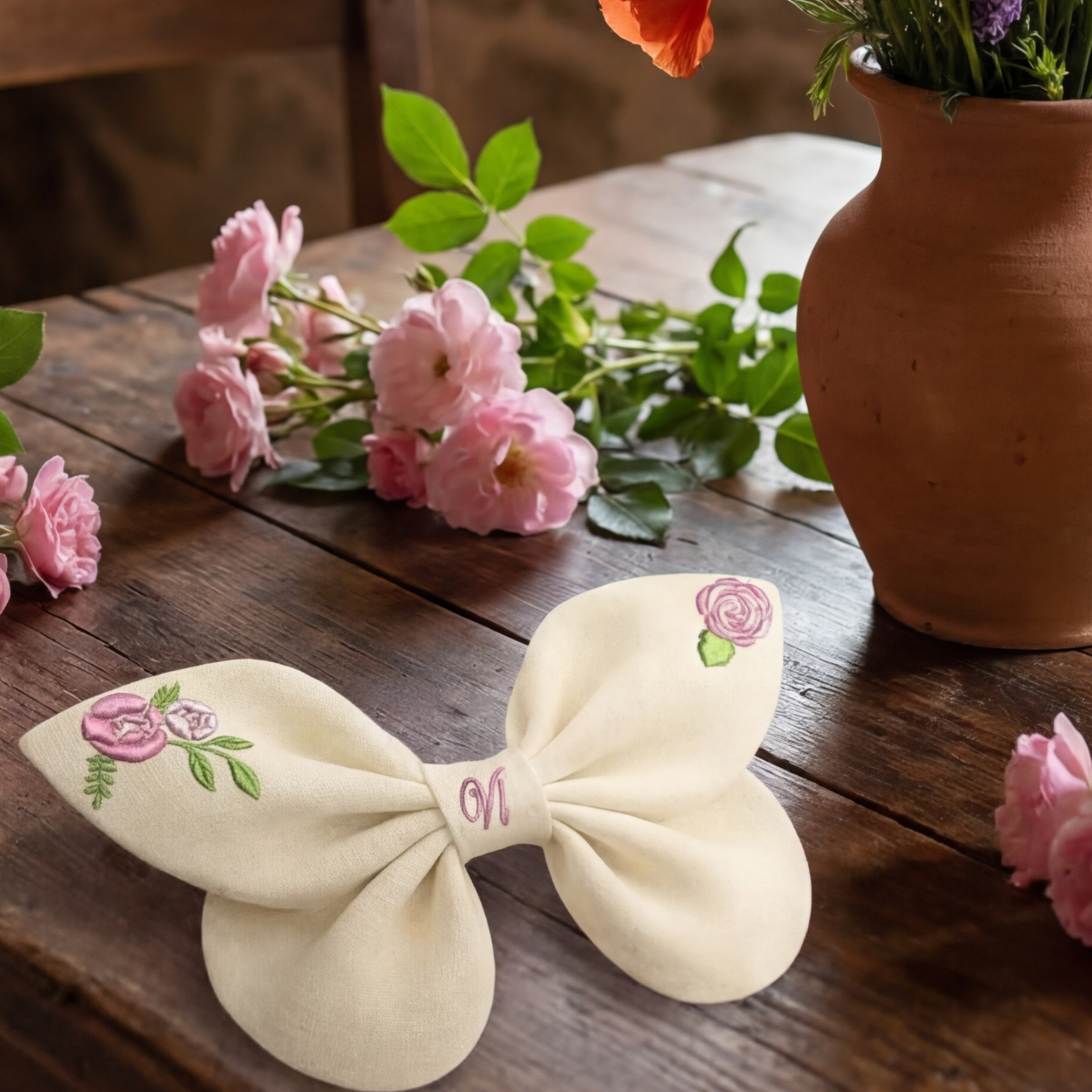Beige linen hair bow with rose embroidery and delicate botanical flowers Enchanted Flowers