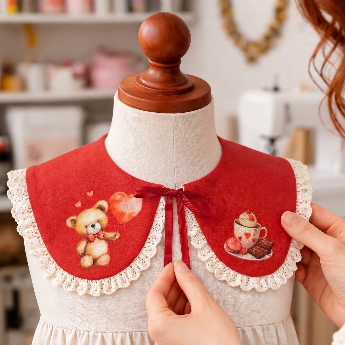 Kragen aus rotem Leinen mit Valentinstags-Teddybären und Herzen
