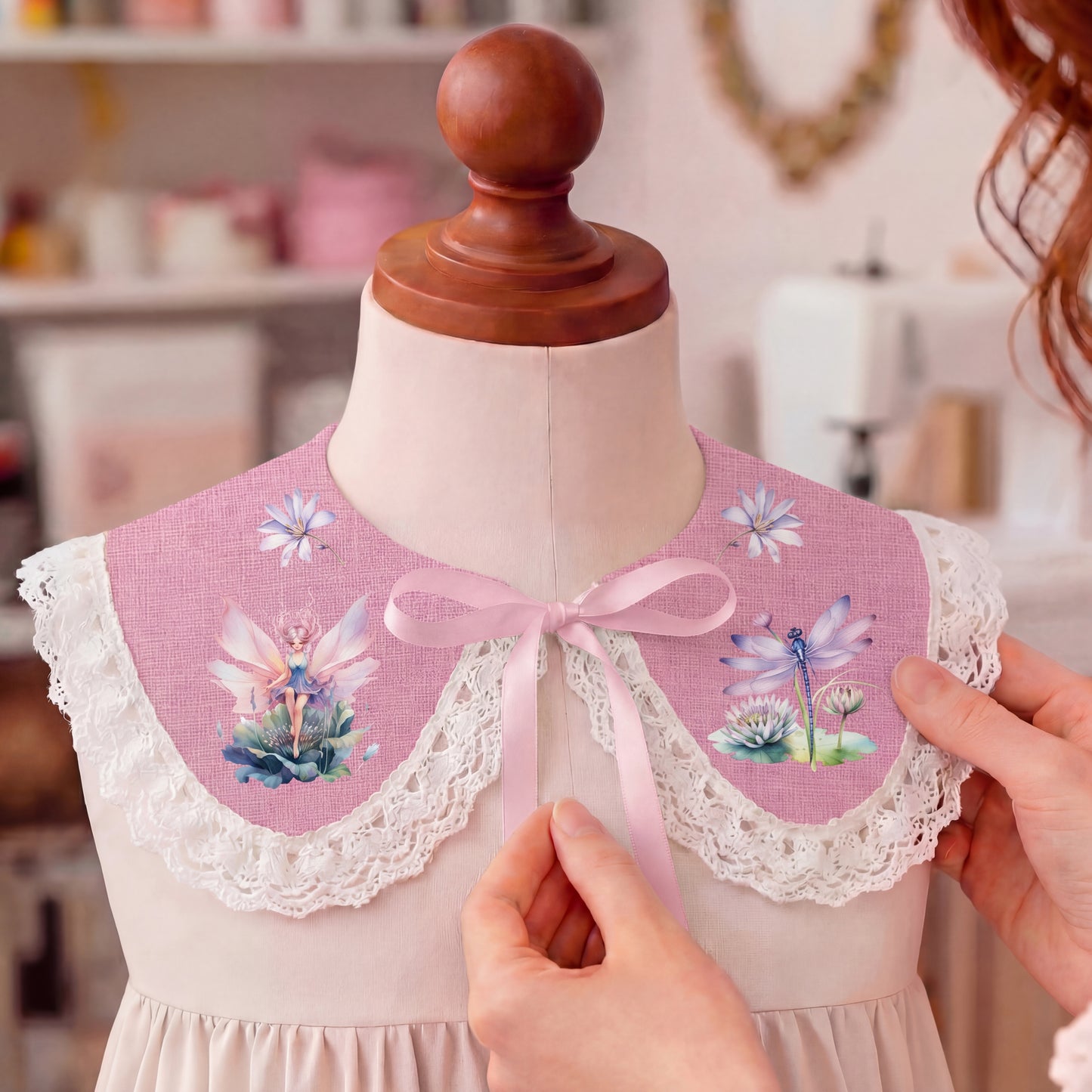 Pink linen Peter Pan collar with floral and fairytale print - handmade