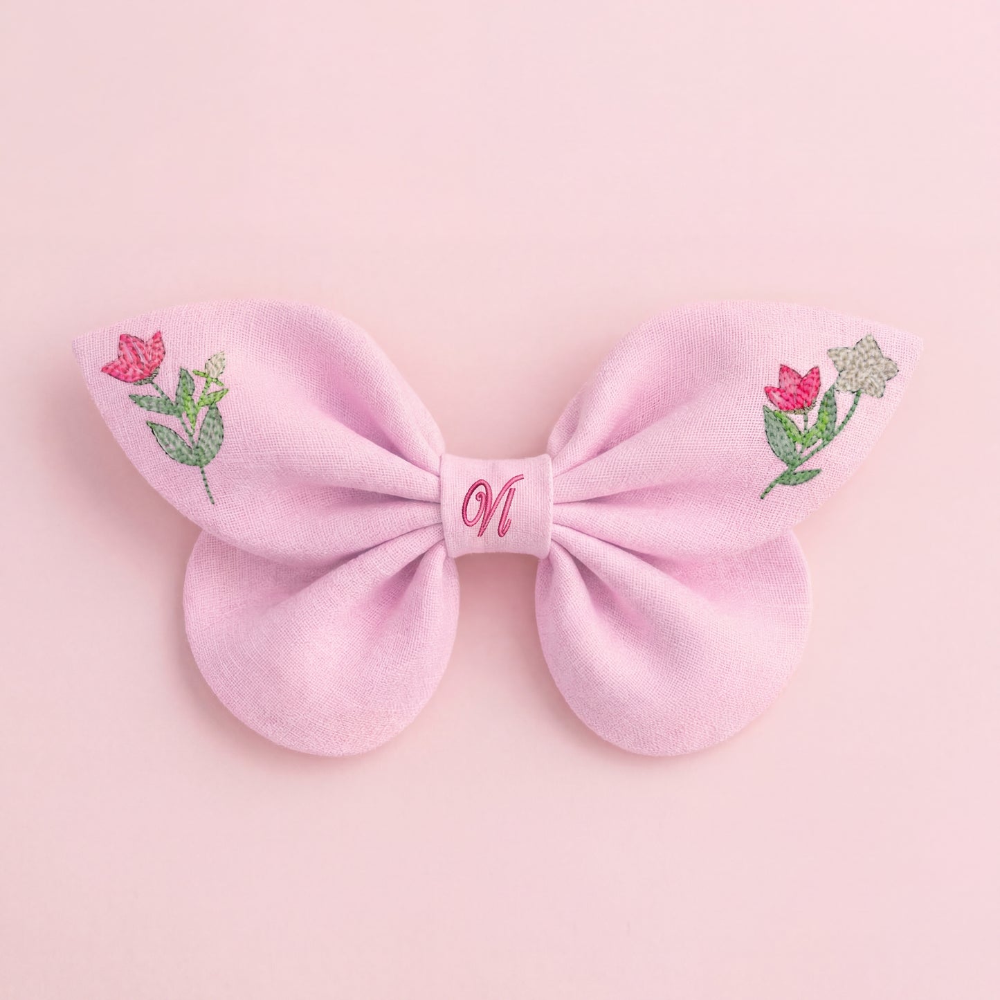 Fiocco capelli bambina in lino rosa con ricamo floreale Fiori primavera