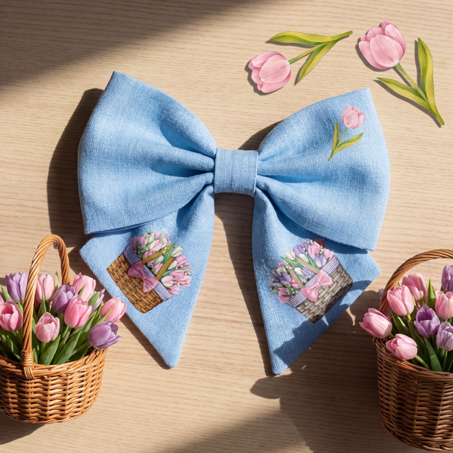 Haarschleife für Mädchen aus Leinen – hellblau mit Tulpen und Blumenkörben