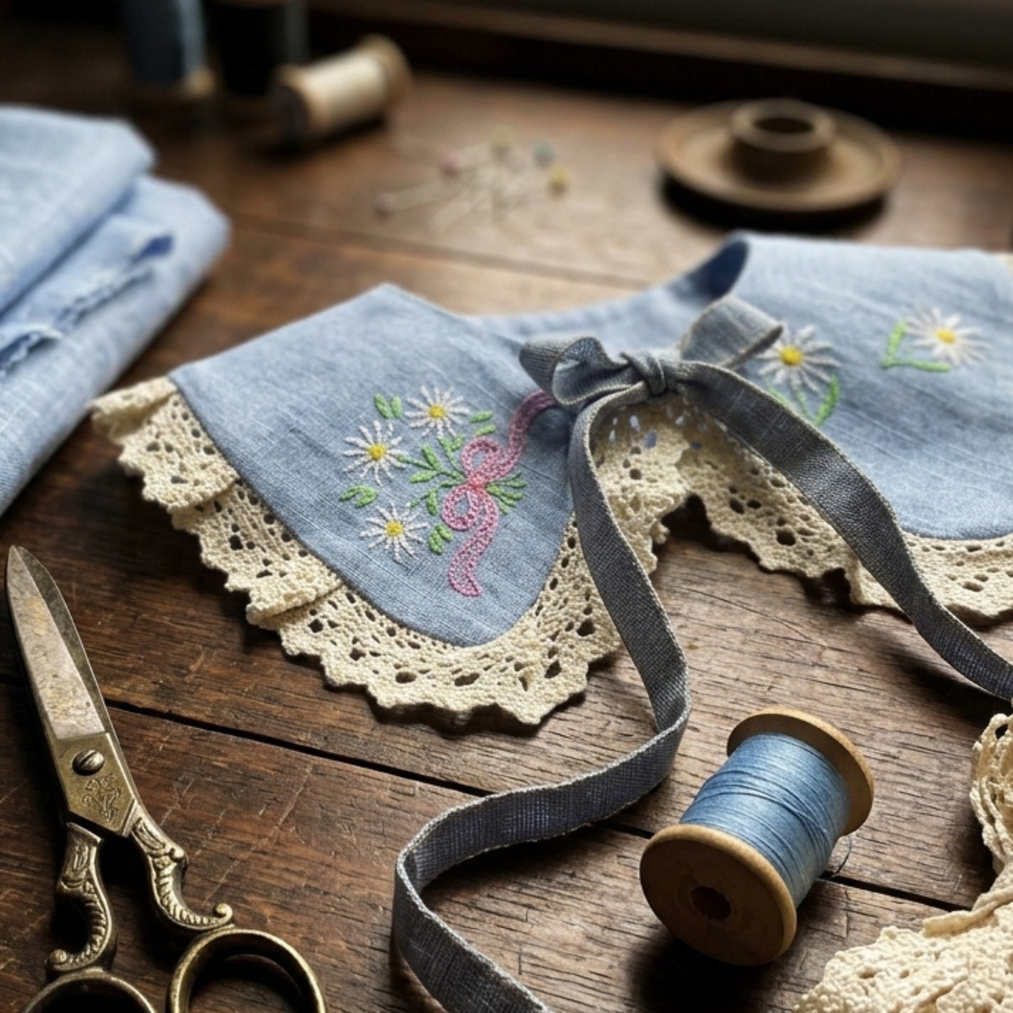 Bestickter Cottagecore & Toskana Leinenkragen, Peter-Pan-Kragen mit Spitze, Zartes Accessoire für Kleider und Hemden Mädchen