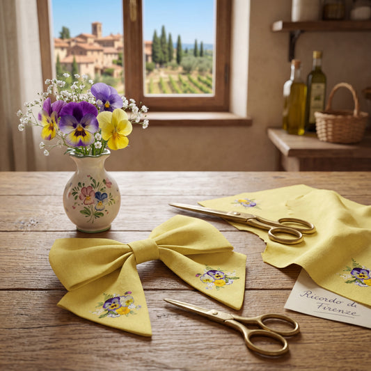 Fiocco per capelli in lino giallo con viole