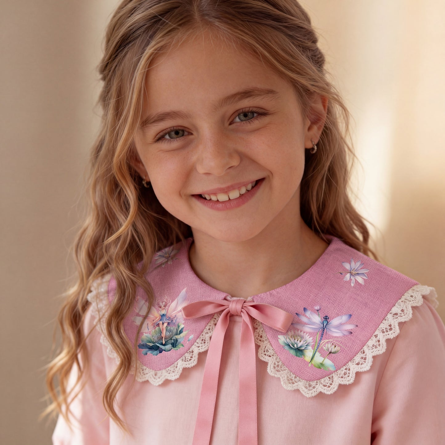 Pink linen Peter Pan collar with floral and fairytale print - handmade