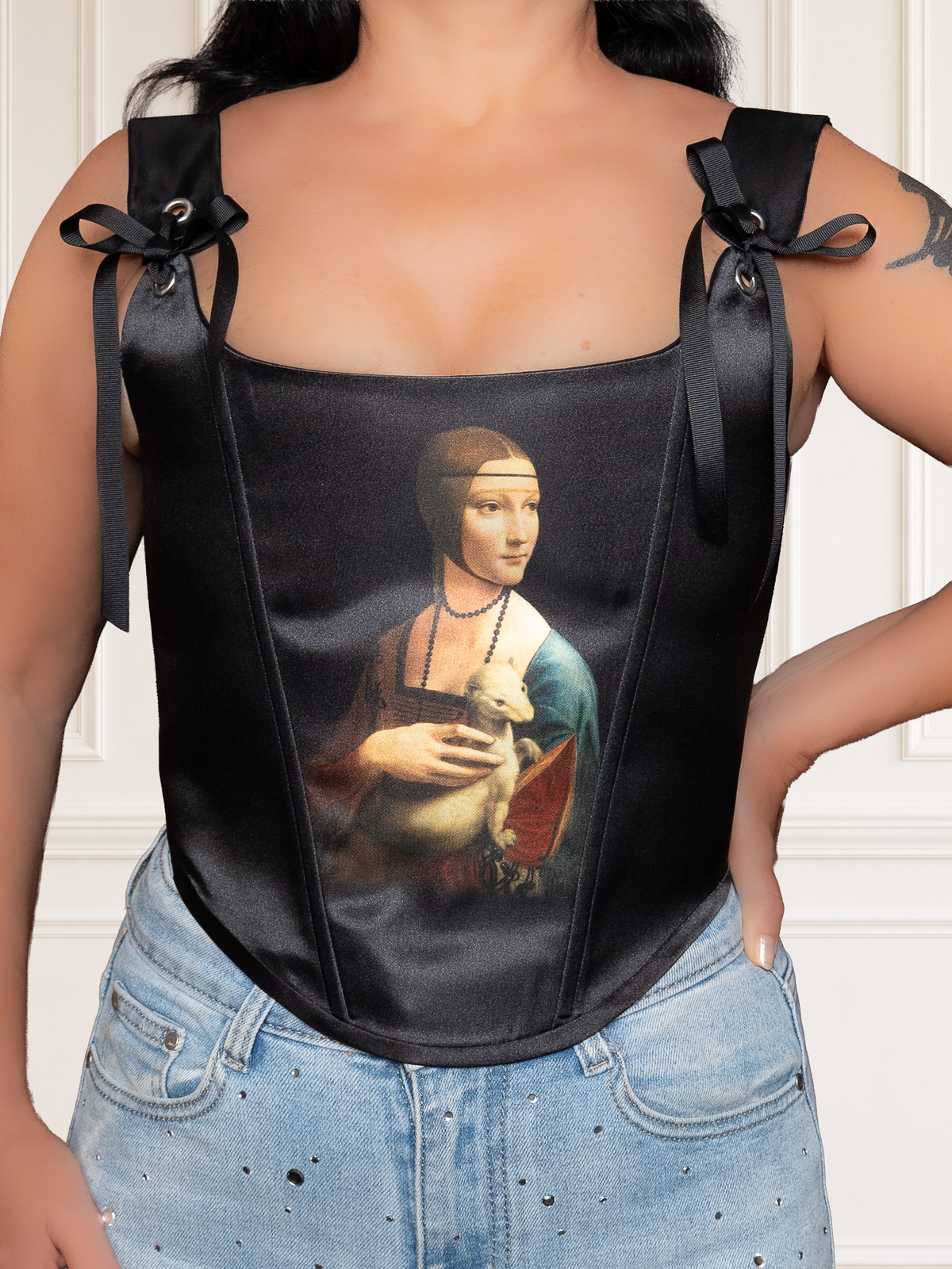 Lady with an Ermine Art Corset Top Renaissance Portrait Black Corset