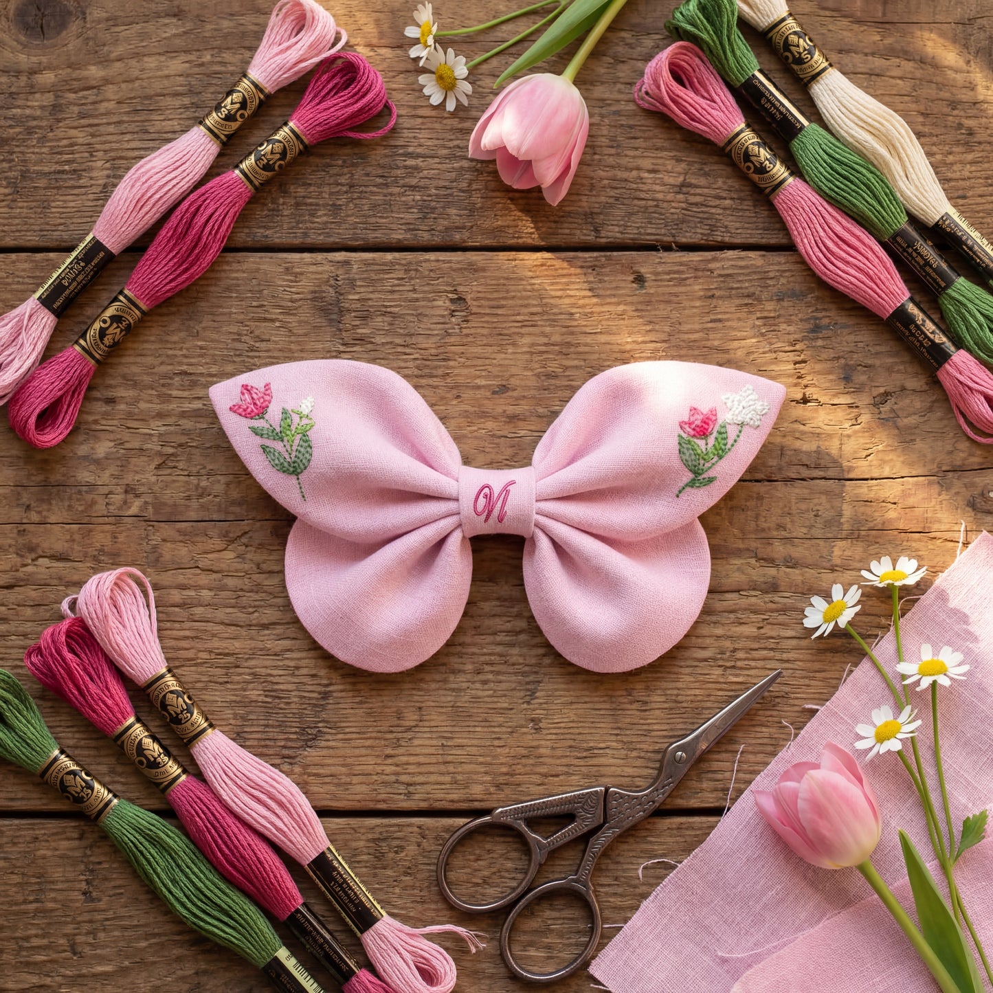 Fiocco capelli bambina in lino rosa con ricamo floreale Fiori primavera