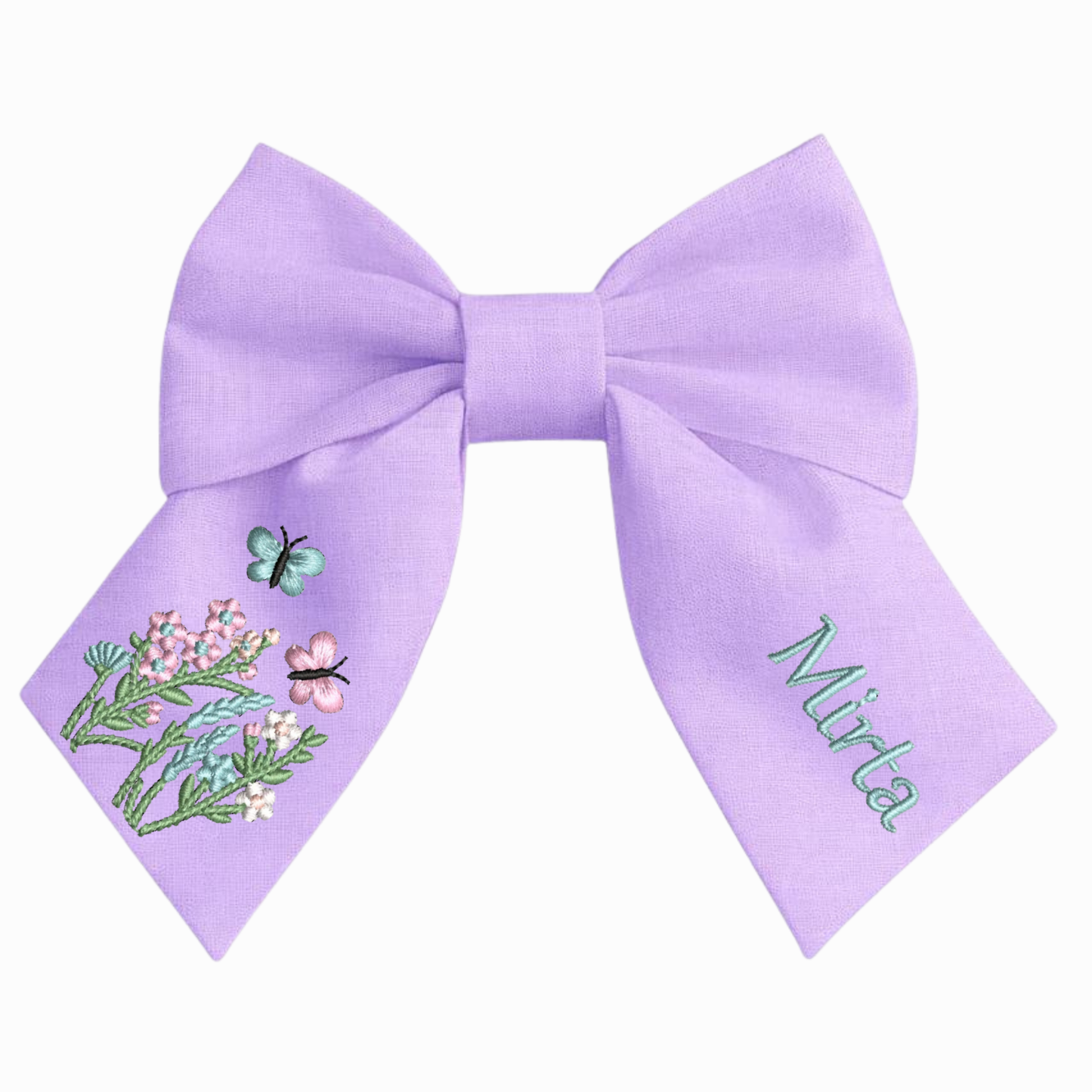 Personalised linen bow with embroidered customer name