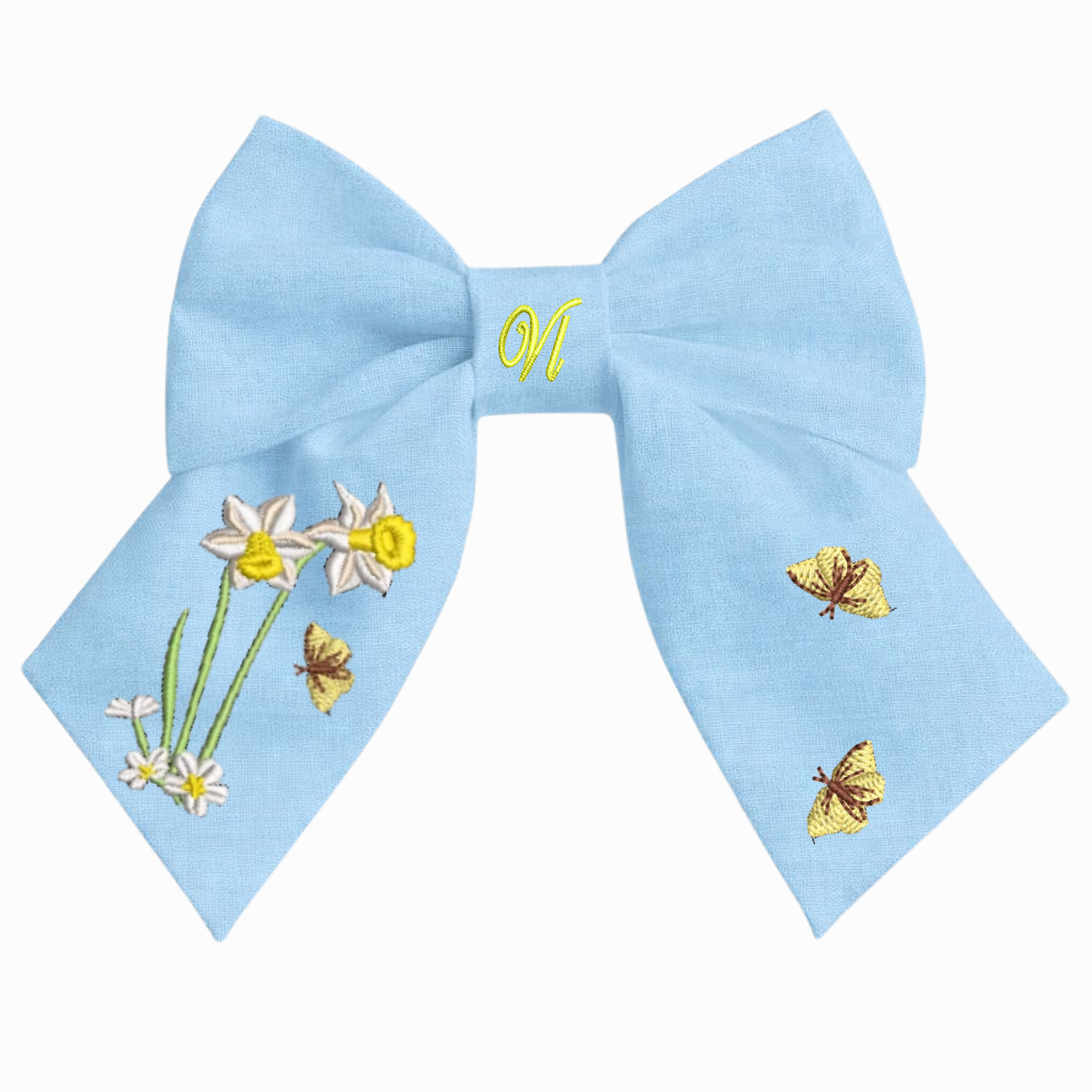 Light blue linen hair bow with daffodil embroidery – Handmade hair bow for girls