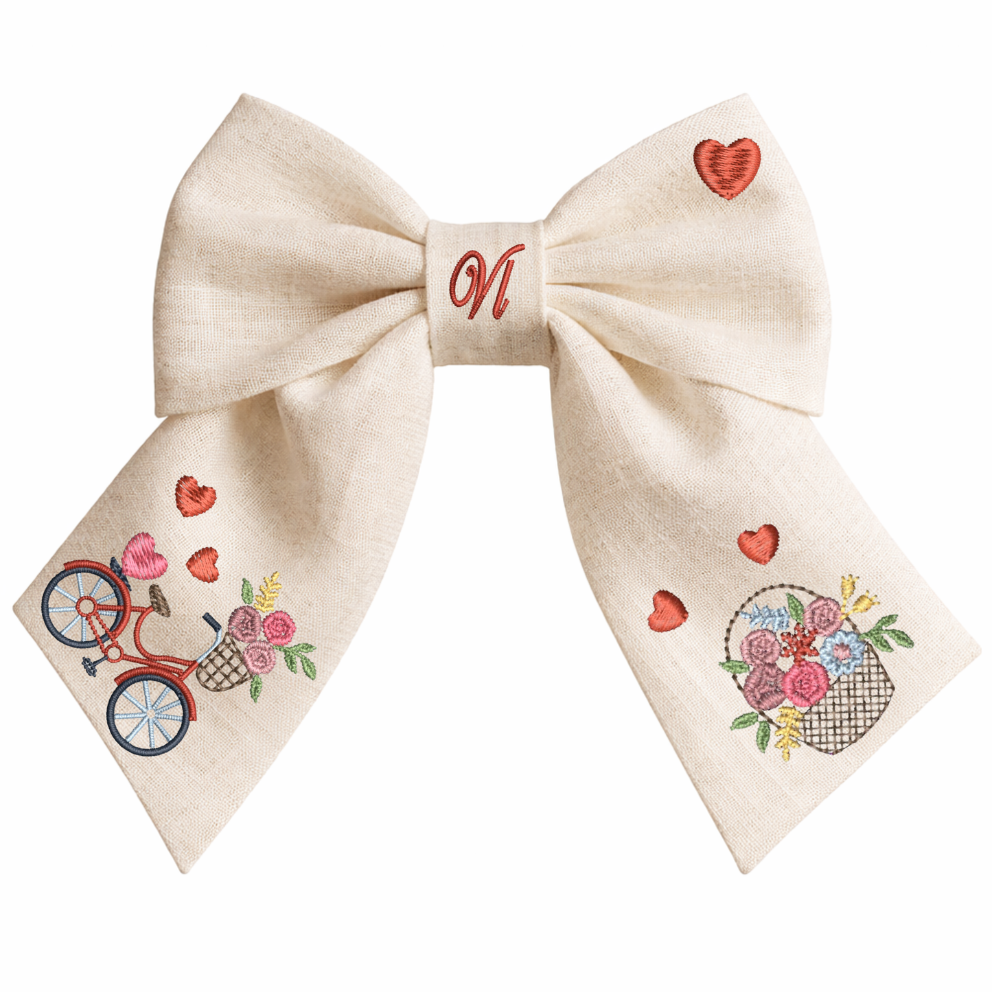 Fiocco in lino con ricamo “Bicicletta e fiori”