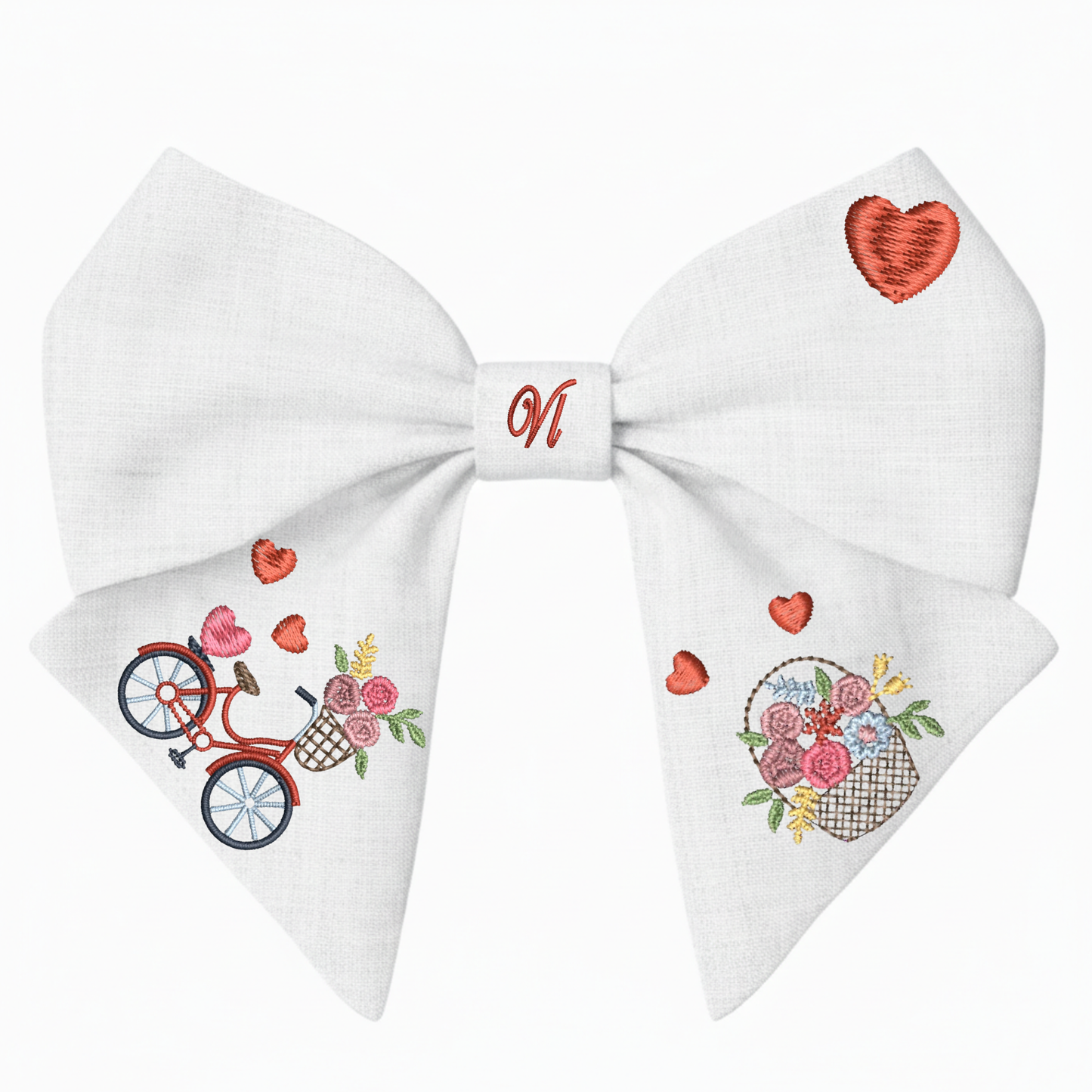 Leinenschleife mit Stickerei „Fahrrad und Blumen“. Valentinstag-Kollektion