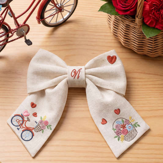 Fiocco in lino con ricamo “Bicicletta e fiori”