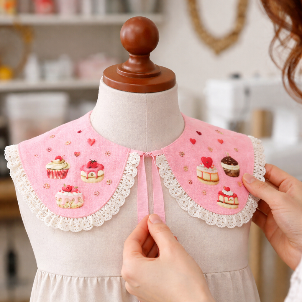 Dekorativer rosa Leinenkragen mit Spitze und kunstvollem Gebäckdruck