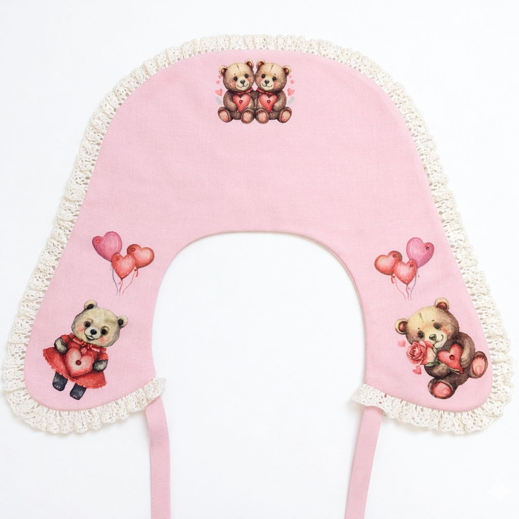 Dekorativer Leinenkragen für Babymädchen mit Spitze und „Bären“-Print