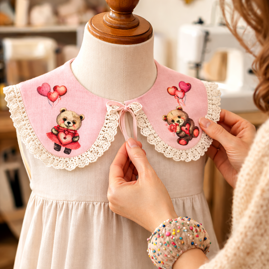 Dekorativer Leinenkragen für Babymädchen mit Spitze und „Bären“-Print