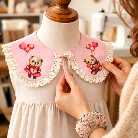 Dekorativer Leinenkragen für Babymädchen mit Spitze und „Bären“-Print