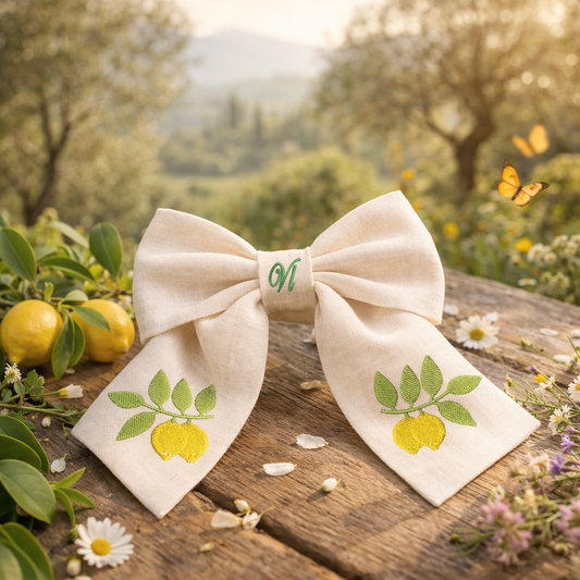 Linen hair bow with lemon embroidery