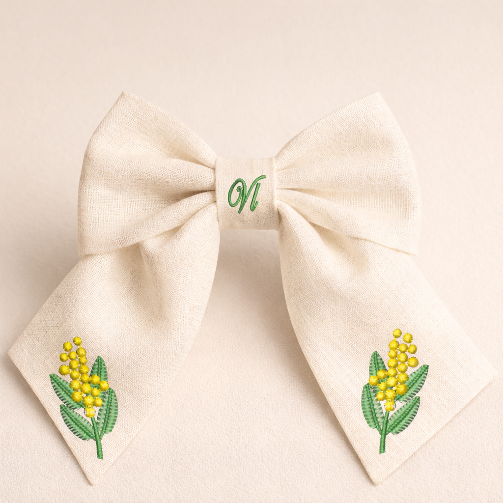 Fiocco per capelli in lino con ricamo mimosa