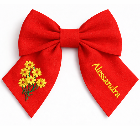 Personalised linen bow with embroidered customer name