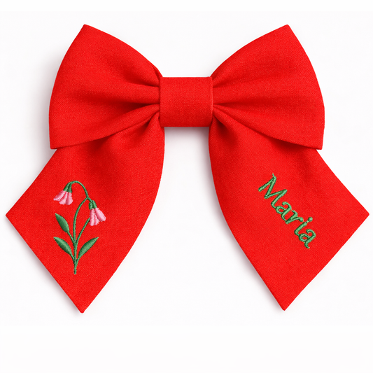 Personalised linen bow with embroidered customer name