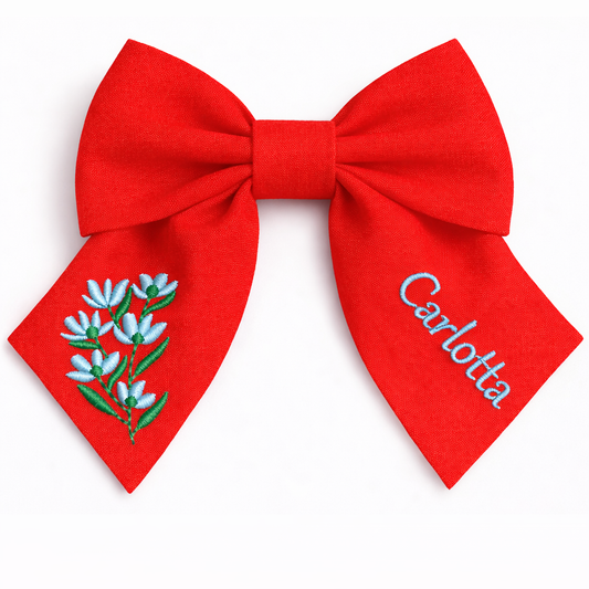 Personalised linen bow with embroidered customer name