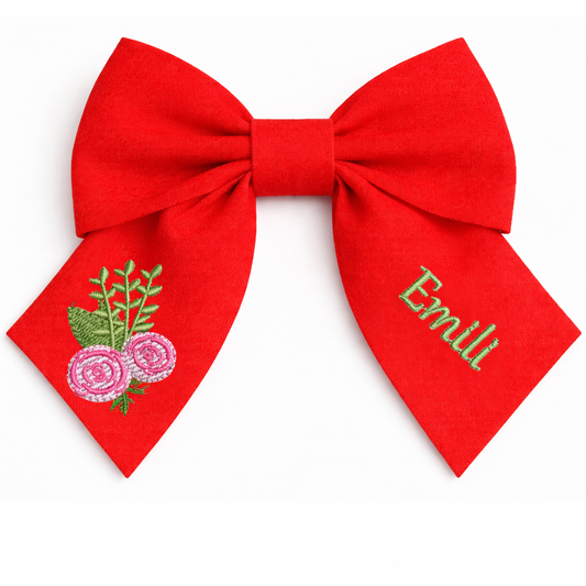 Personalised linen bow with embroidered customer name