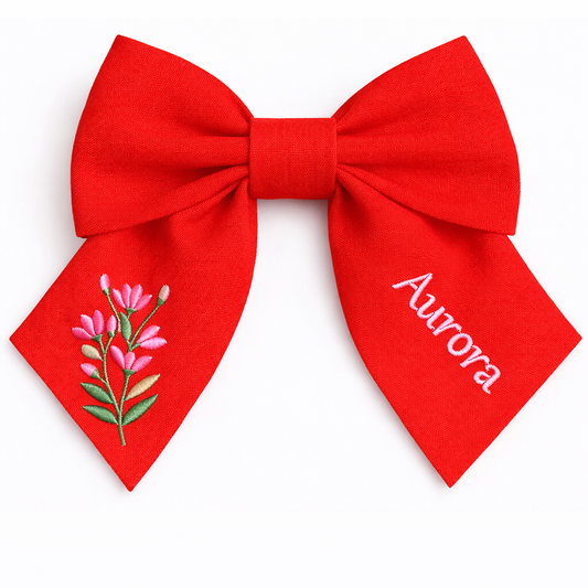 Personalised linen bow with embroidered customer name