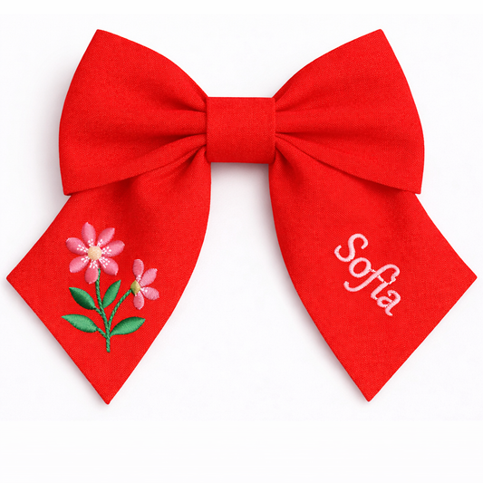 Personalised linen bow with embroidered customer name